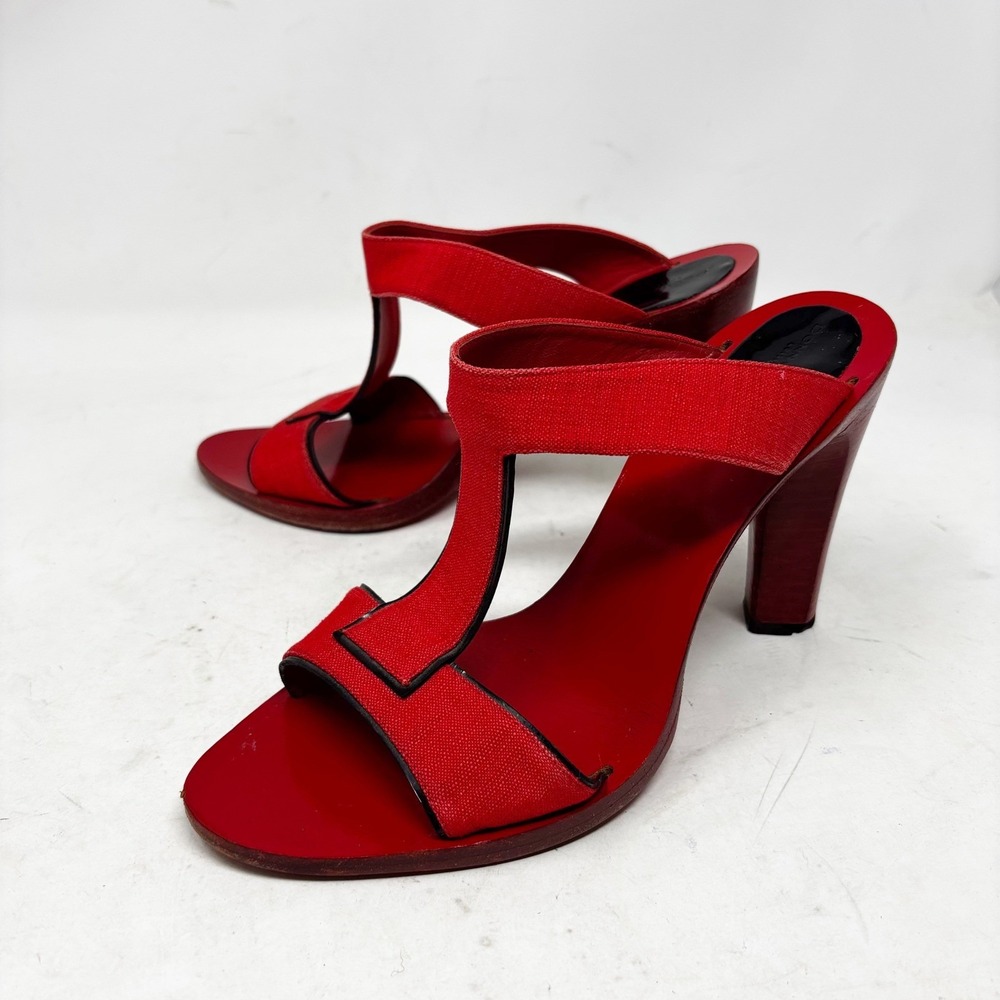 Vintage Donna Karan Collection Sandal Red‎ Canvas T-Strap Wood Heel Size 9.5